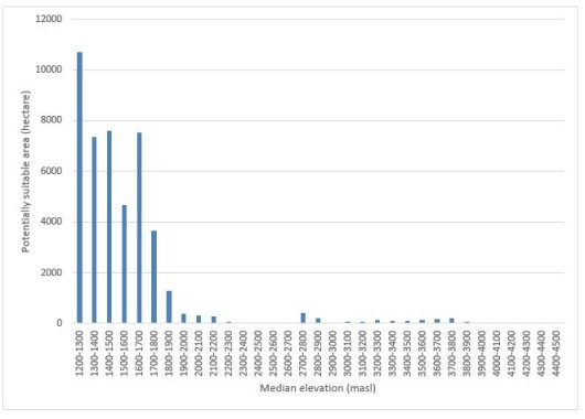 Figure 3: Distribution of potentially suitable area for the production of seed potato with elevation (masl). Figure 3: Distribution of potentially suitable area for the production of seed potato with elevation (masl).